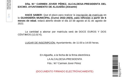 EDICTO – Abierto el plazo de inscripción para matrícula de la Guardería Municipal Curso 2022-23