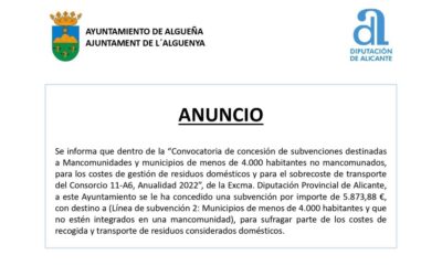 ANUNCIO – Subvención «Sufragar parte de los costes de recogida y transporte de residuos considerados como domésticos»