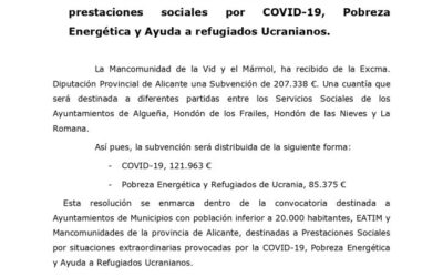 Mancomunidad de la Vid y el Mármol – Anuncio subvención destinada a Prestaciones Sociales por situaciones extraordinarias provocadas por la COVID-19, Pobreza Energética y Ayuda a Refugiados Ucranianos.