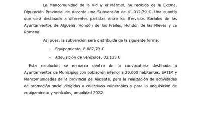 Mancomunidad de la Vid y el Mármol – Anuncio subvención realización actividades de promoción social dirigidas a colectivos vulnerables, y para la adquisición de equipamiento y vehículos, anualidad 2022