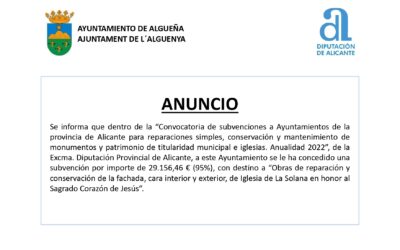 ANUNCIO – Subvención con destino a «Obras de reparación y conservación de la fachada, cara interior y exterior, de Iglesia de La Solana»