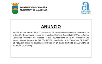 ANUNCIO- Subvención con destino a «Instalación de punto de recarga para vehículos eléctricos en la calle Príncipe de Asturias de Algueña»