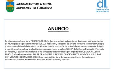 ANUNCIO – Subvención con destino a «Taller de memoria y adquisición de ordenadores, monitores, destructora de documentos, sillones de dirección, mesa con mueble auxiliar y cajonera»