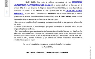 EDICTO – Apertura período de exposición pública de las Listas del Censo Electoral. ELECCIONES MUNICIPALES Y AUTONÓMICAS 28M