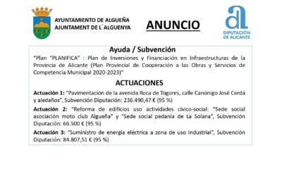 ANUNCIO – Subvención Diputación de Alicante «Plan PLANIFICA: Plan de Inversiones y Financiación en Infraestructuras de la Provincia de Alicante 2023-2023».