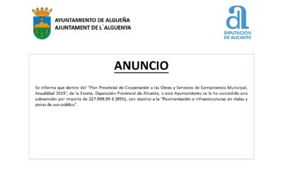 ANUNCIO – Subvención con destino a la «Pavimentación e Infraestructuras en viales y zonas de uso público»