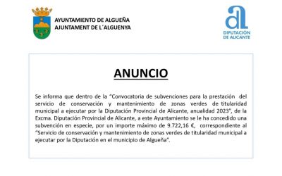 ANUNCIO – Subvención con destino al «Servicio de conservación y mantenimiento de zonas verdes de titularidad municipal a ejecutar por la Diputación en el municipio de Algueña»