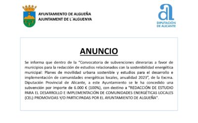 ANUNCIO – Subvención con destino a «REDACCIÓN DE ESTUDIO PARA EL DESARROLLO E IMPLEMENTACIÓN DE COMUNIDADES ENERGÉTICAS LOCALES (CEL) PROMOVIDAS Y/O PARTICIPADAS POR EL AYUNTAMIENTO DE ALGUEÑA