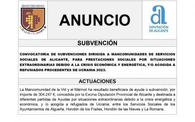 ANUNCIO – Subvención concedida a la Mancomunidad de la Vid y el Mármol destinada a situaciones extraordinarias debido a la crisis económica y energética, y/o acogida a refugiados de Ucrania