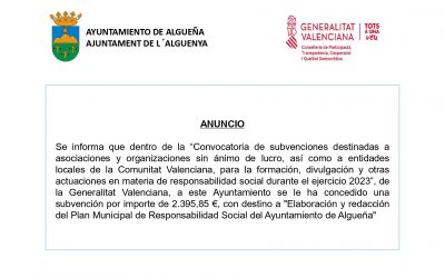 ANUNCIO – Subvención con destino a «Elaboración y redacción del Plan Municipal de Responsabilidad Social del Ayuntamiento de Algueña»