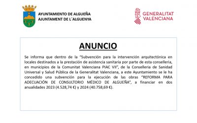 ANUNCIO – Subvención con destino a «REFORMA PARA ADECUACIÓN DE CONSULTORIO MÉDICO DE ALGUEÑA»