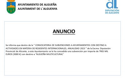 ANUNCIO – Subvención con destino a actividades en materia de residentes internacionales, «ALGUEÑA MULTICULTURAL». Anualidad 2023″