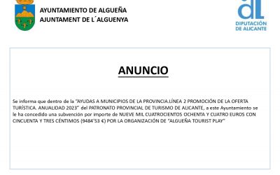 ANUNCIO – Subvención con destino a PROMOCIÓN DE LA OFERTA TURÍSTICA 2023 «ALGUEÑA TOURIST PLAY»