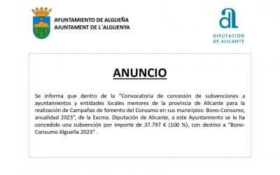 ANUNCIO – Subvención con destino a «Bono-Consumo Algueña 2023»