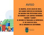 AVISO - Cambio de día del Servicio de Recogida de Basura