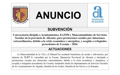 ANUNCIO – La Mancomunidad de la Vid y el Mármol recibe una subvención para prestaciones sociales por situaciones extraordinarias, debido a la crisis económica y energética, y acogida a refugiados procedentes de Ucrania – 2024