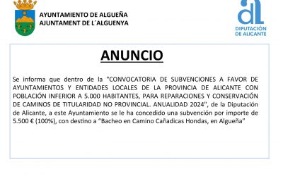 ANUNCIO – Subvención con destino a “Bacheo en Camino Cañadicas Hondas, en Algueña”