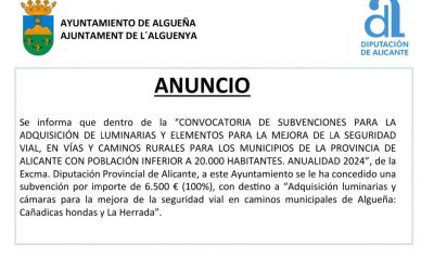 ANUNCIO – Subvención con destino a “Adquisición luminarias y cámaras para la mejora de la seguridad vial en caminos municipales de Algueña: Cañadicas hondas y La Herrada”