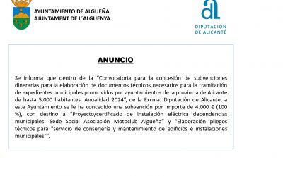 ANUNCIO – Subvención con destino a “Proyecto/certificado de instalación eléctrica dependencias municipales:  -Sede Social Asociación Motoclub Algueña- y -Elaboración pliegos técnicos para servicio de conserjería y mantenimiento de edificios e instalaciones municipales-“