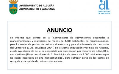 ANUNCIO – Subvención con destino a “Sufragar parte de los costes de recogida y transporte de residuos domésticos (Línea de subvención 2)”