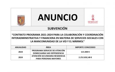 ANUNCIO – Subvención «Contrato programa 2021-2024 para la colaboración y coordinación interadministrativa y financiera en materia de servicios sociales con la Mancomunidad de la Vid y el Mármol»