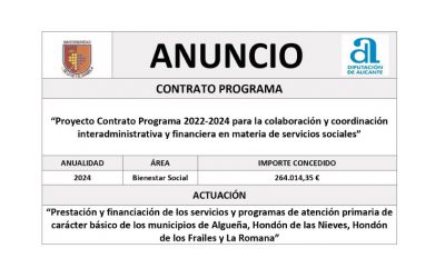 ANUNCIO – Subvención con destino a «Prestación y financiación de los servicios y programas de atención primaria de carácter básico de los municipios de Algueña, Hondón de las Nieves, Hondón de los Frailes y La Romana – Anualidad 2024», concedidos a la Mancomunidad de la Vid y el Mármol