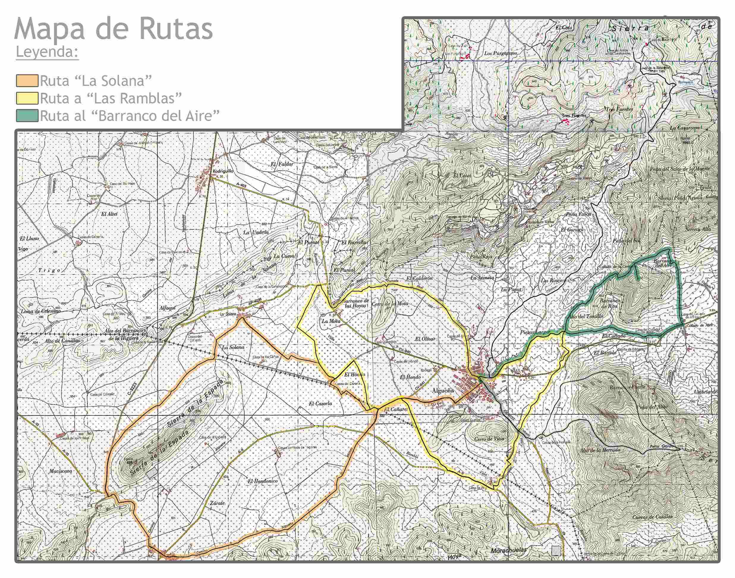Desde el punto de partida indicado, nos dirigiremos a través de las calles del casco urbano hacia el camino asfaltado del polideportivo, siguiendo por éste, en dirección a la pedanía de La Solana, para una vez allí, tras una vista de dicha localidad y una vez contemplado el paisaje de la zona, donde destaca la Sierra de la Espada, etc; dirigirnos a la Cañada de la Leña, pedanía de Abanilla (Murcia), continuando por el camino de "La Moleta" hasta llegar nuevamente al lugar de partida (Algueña).