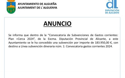 ANUNCIO – Subvención con destino a «Convocatoria gastos corrientes 2024: Plan+Cerca»