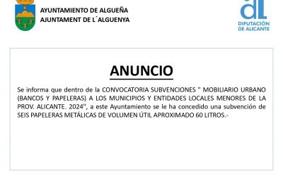 ANUNCIO – Subvención con destino a «MOBILIARIO URBANO (BANCOS Y PAPELERAS) A LOS MUNICIPIOS Y ENTIDADES LOCALES MENORES DE LA PROVINCIA DE ALICANTE – 2024»